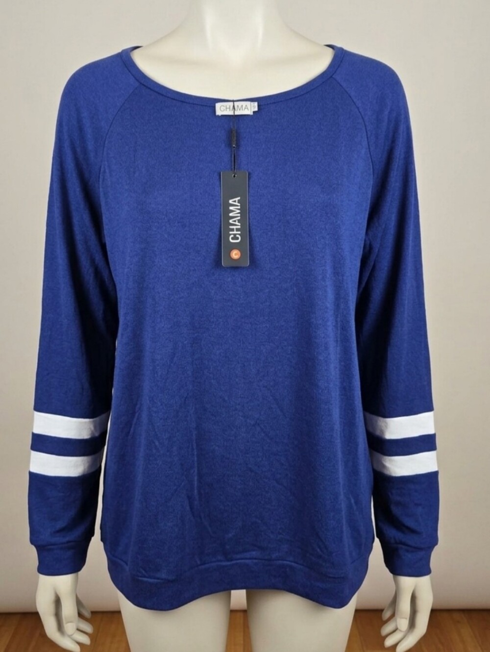 *Womens Blue Pullover Sweater with White Sleeve Stripes